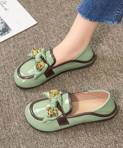Comfy Green Faux Leather Splicing Bow Loafers for