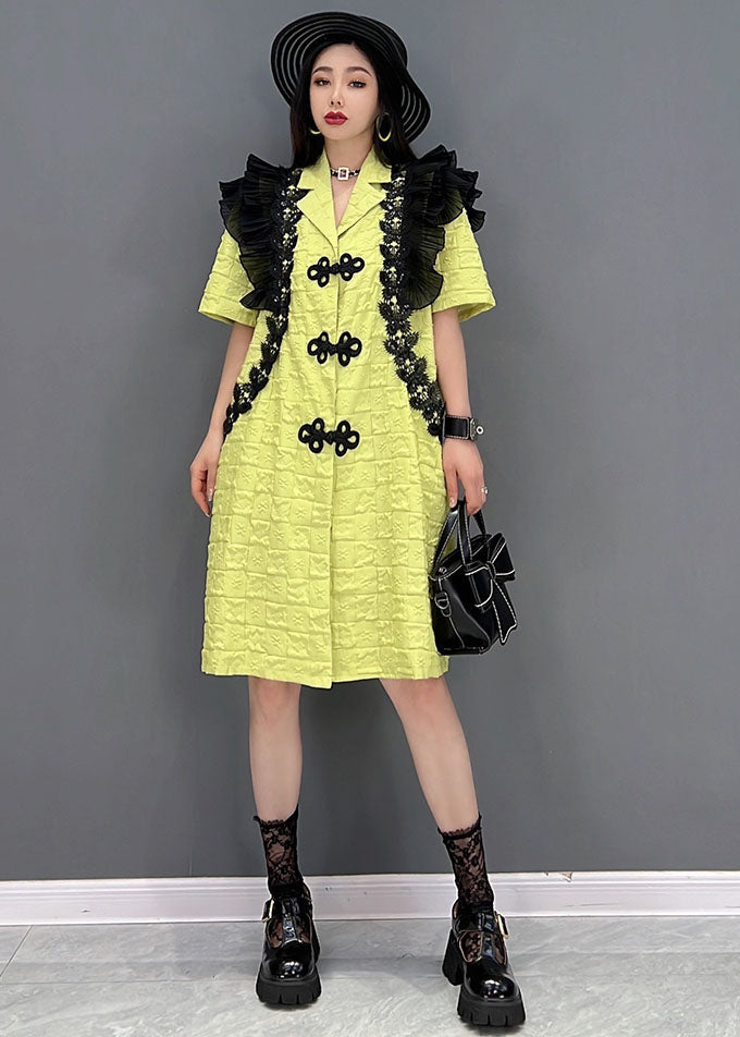 Green Notched Collar Patchwork Ruffles Oriental Button Mid Dresses Short Sleeve