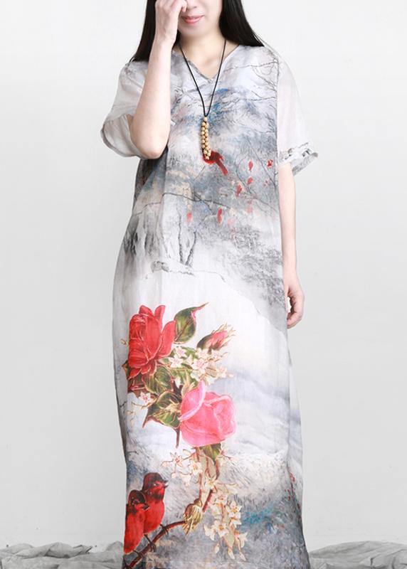 French White Print Linen Chinese Button Vacation Dresses