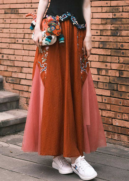Red Embroideried Tulle a Line Skirt Summer
