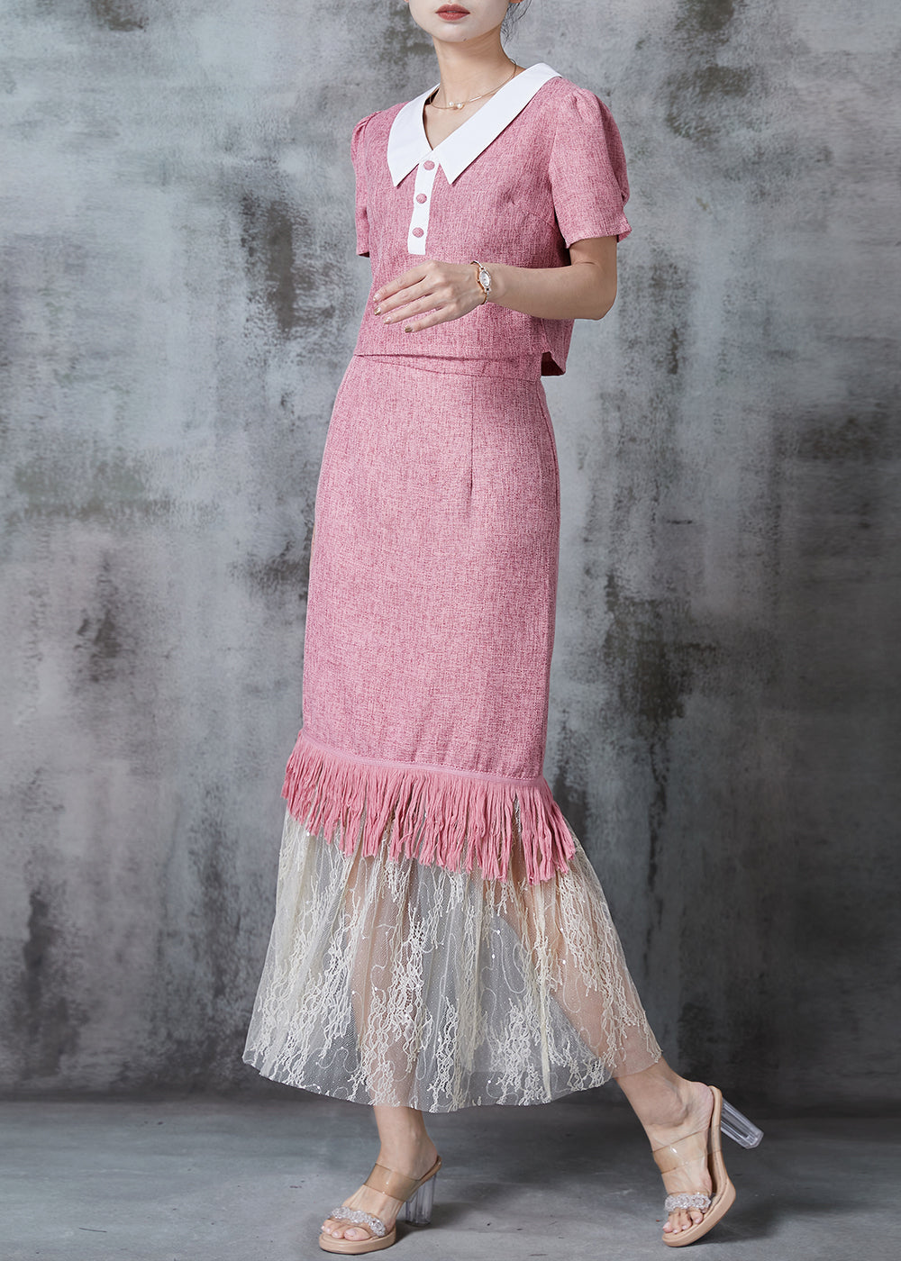 Silm Fit Pink Tasseled Patchwork Cotton Two Piece Set Clothing Fall