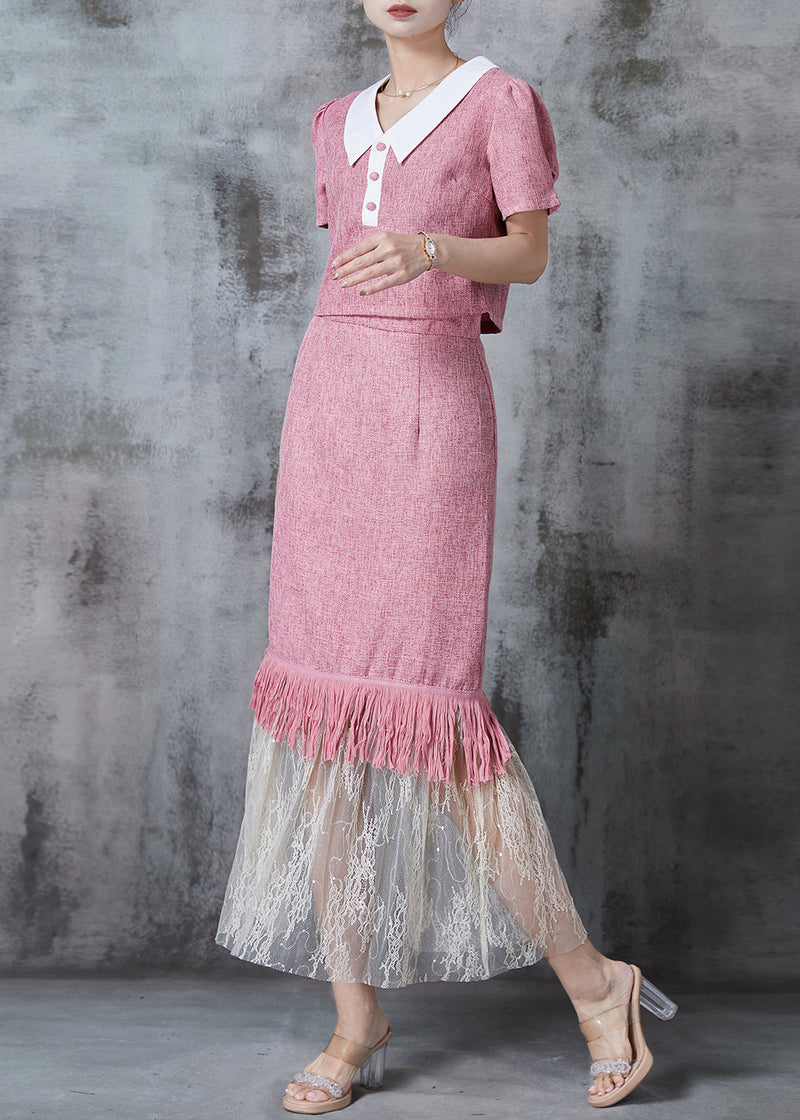Silm Fit Pink Tasseled Patchwork Cotton Two Piece Set Clothing Fall