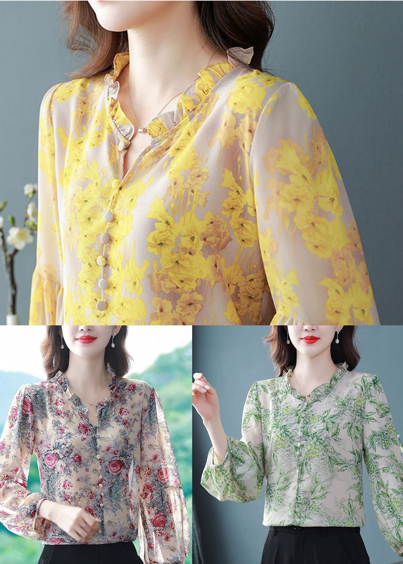 Yellow V Neck Print Chiffon Top Lantern Sleeve