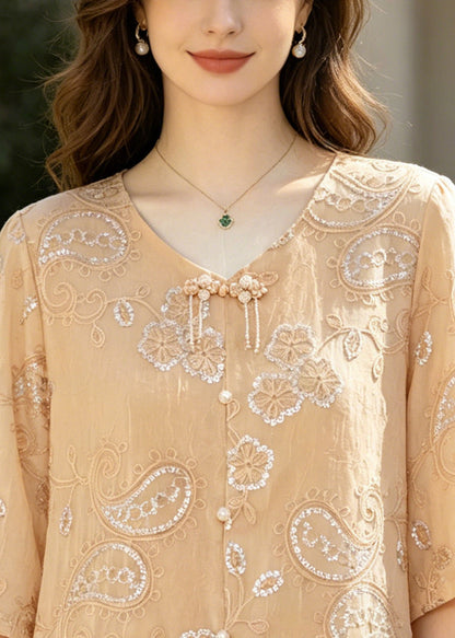 Khaki Embroidered Patchwork Lace Tops Summer