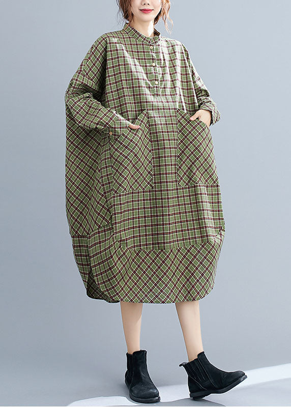Classy Blue Plaid Button Patchwork Pockets Fall Top Long Sleeve Dresses