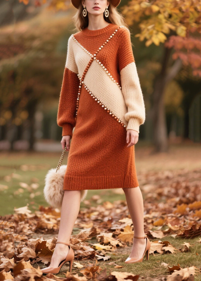 Brown Nail Bead Patchwork Faux Fur Knitwear Dress Winter