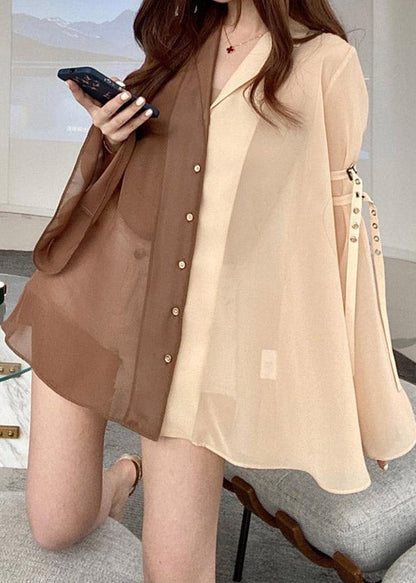 Peter Pan Collar Patchwork Button Chiffon Shirts Flare Sleeve