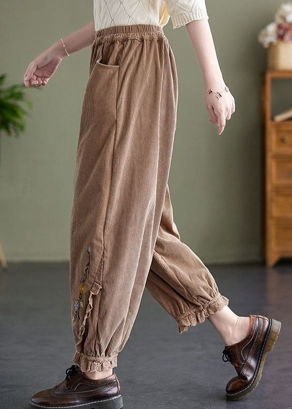 Khaki Embroideried Patchwork Lace Warm Fleece Corduroy Crop Pants Spring