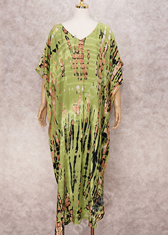 Green V Neck Striped Print Beach Dress Summer