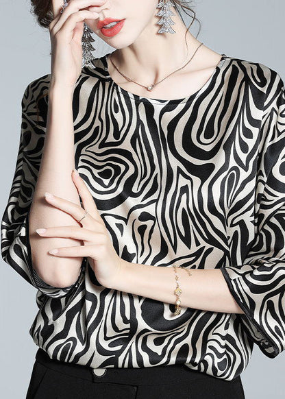Loose Leopard O-neck Silk Tops Long Sleeve