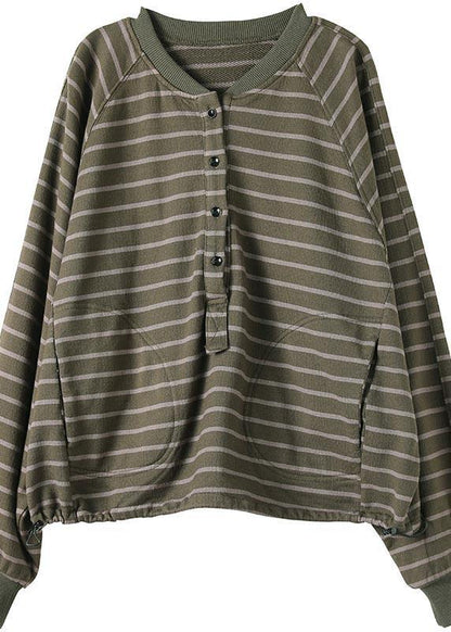 Green Striped Tops Blouses O Neck Clothing Spring Shirt