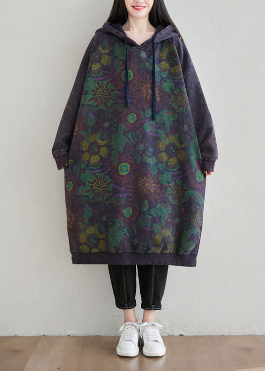 Diy Dark Blue Side Open Drawstring Hooded Loose Sweatshirt Dresses Spring
