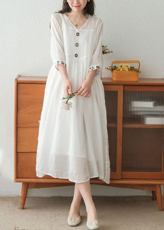 White V Neck Embroideried Linen Dress Two Piece Set Clothing Summer
