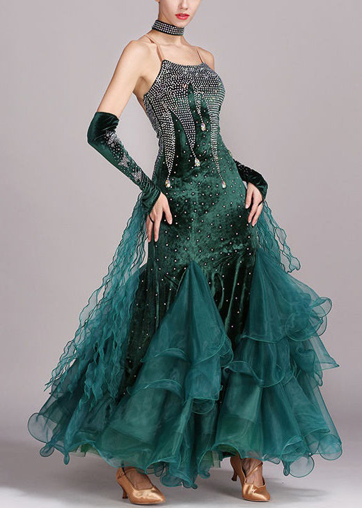 Blackish Green Zircon Tulle Patchwork Spaghetti Strap Dress Sleeveless