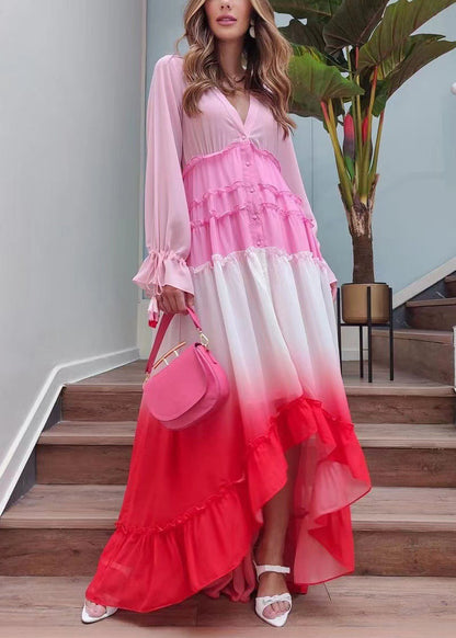 Red Gradient Color Ruffled Lace Up Chiffon Dress Long Sleeve