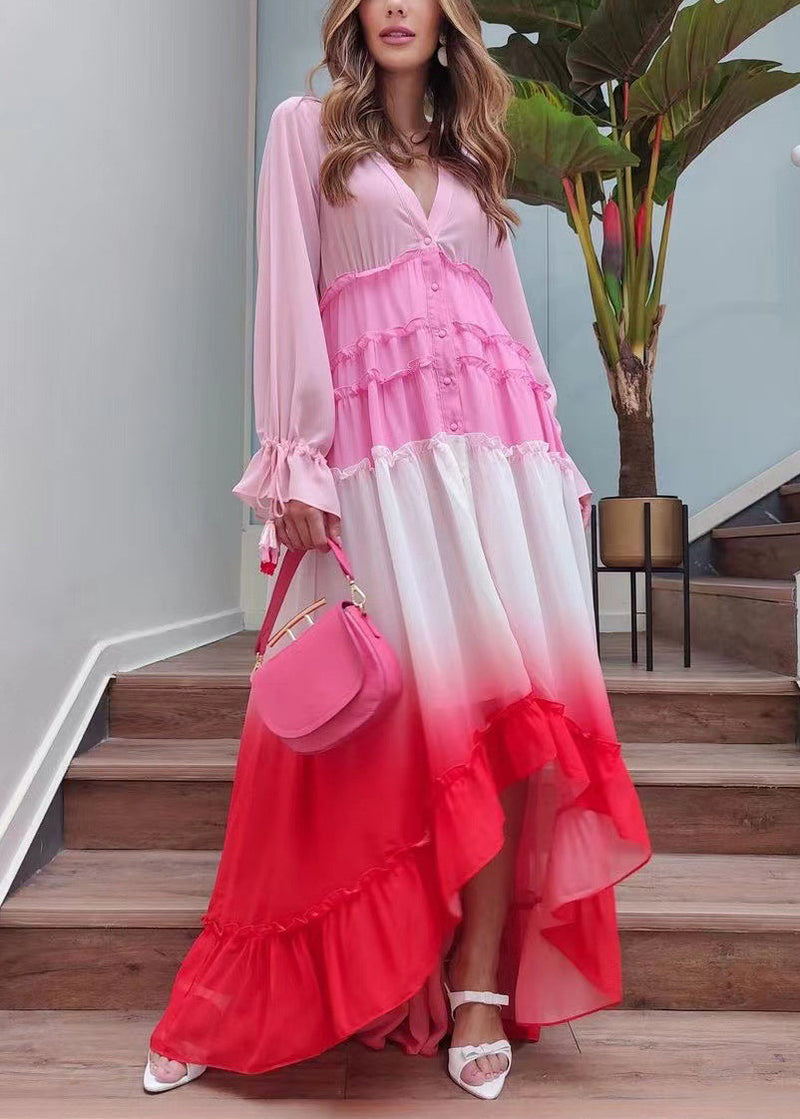 Red Gradient Color Ruffled Lace Up Chiffon Dress Long Sleeve