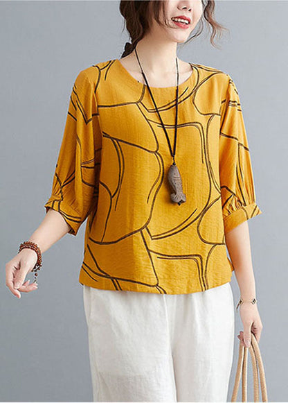 Loose Yellow O-neck Print Cotton Tank Tops Batwing Sleeve