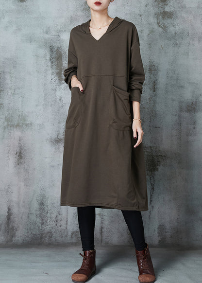 Army Green Hooded Pockets Cotton Dress Spring