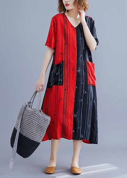 Red Print Cotton Patchwork Summer Dress