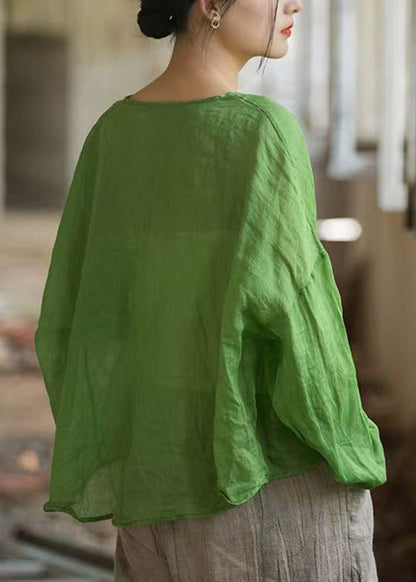 Natural Green Tops Button O-neck Ramie Fall