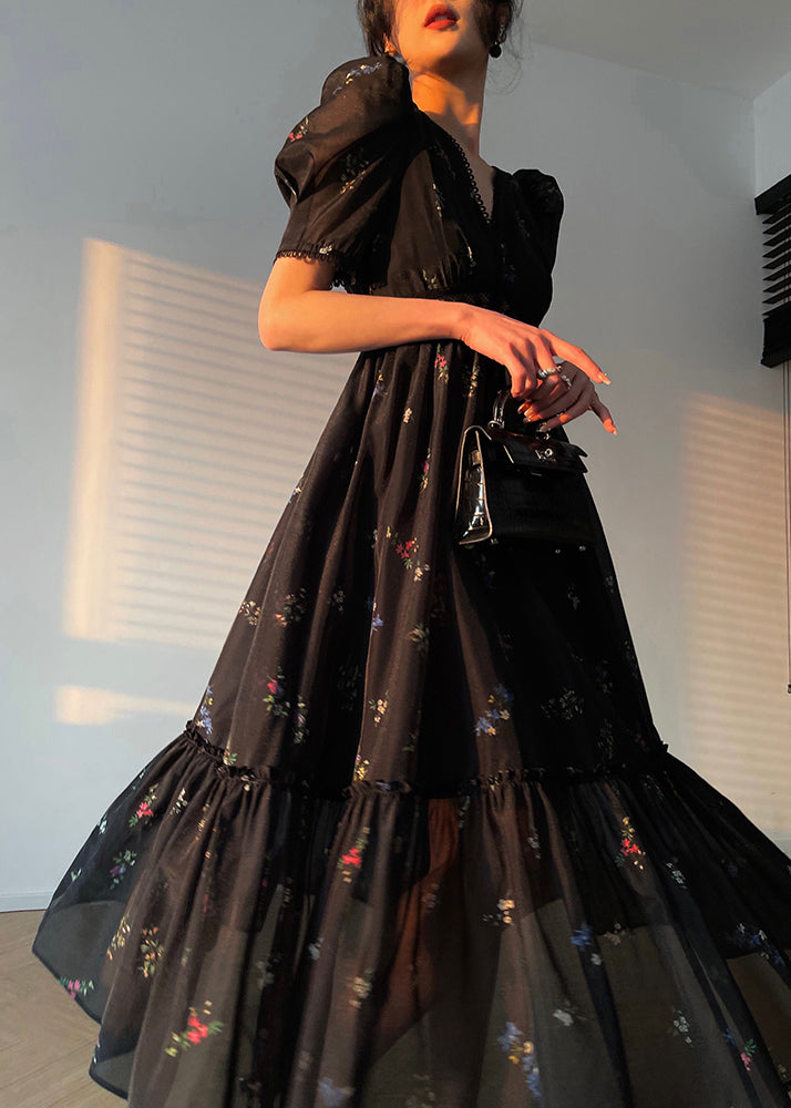 Black V Neck Zippered Print Chiffon Maxi Dresses Lantern Sleeve