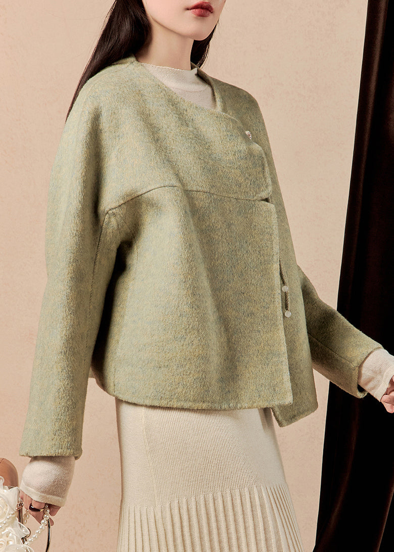 Loose Green O-neck Tasseled Woolen Coats Winter