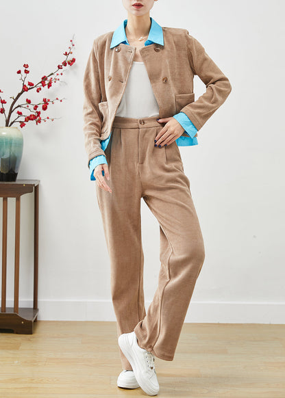Khaki Double Breast Patchwork Corduroy Two Pieces Set Fall