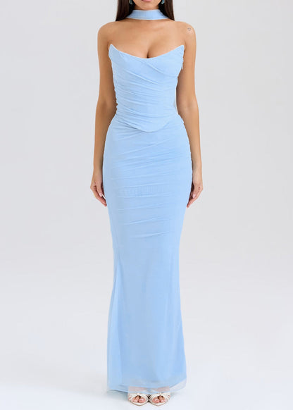 Blue Backless Wraped Tulle Strapless Dress