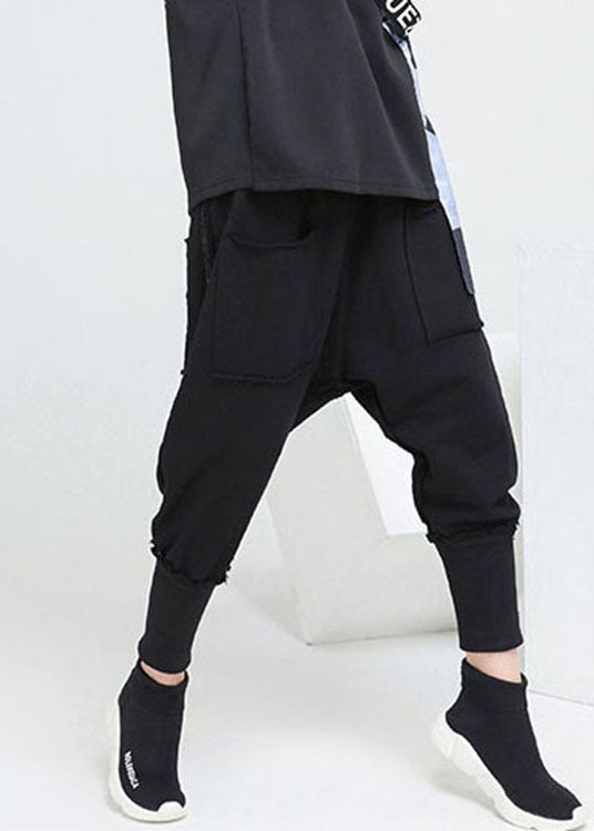 Stylish Black Pockets Cotton Harem Pants Spring