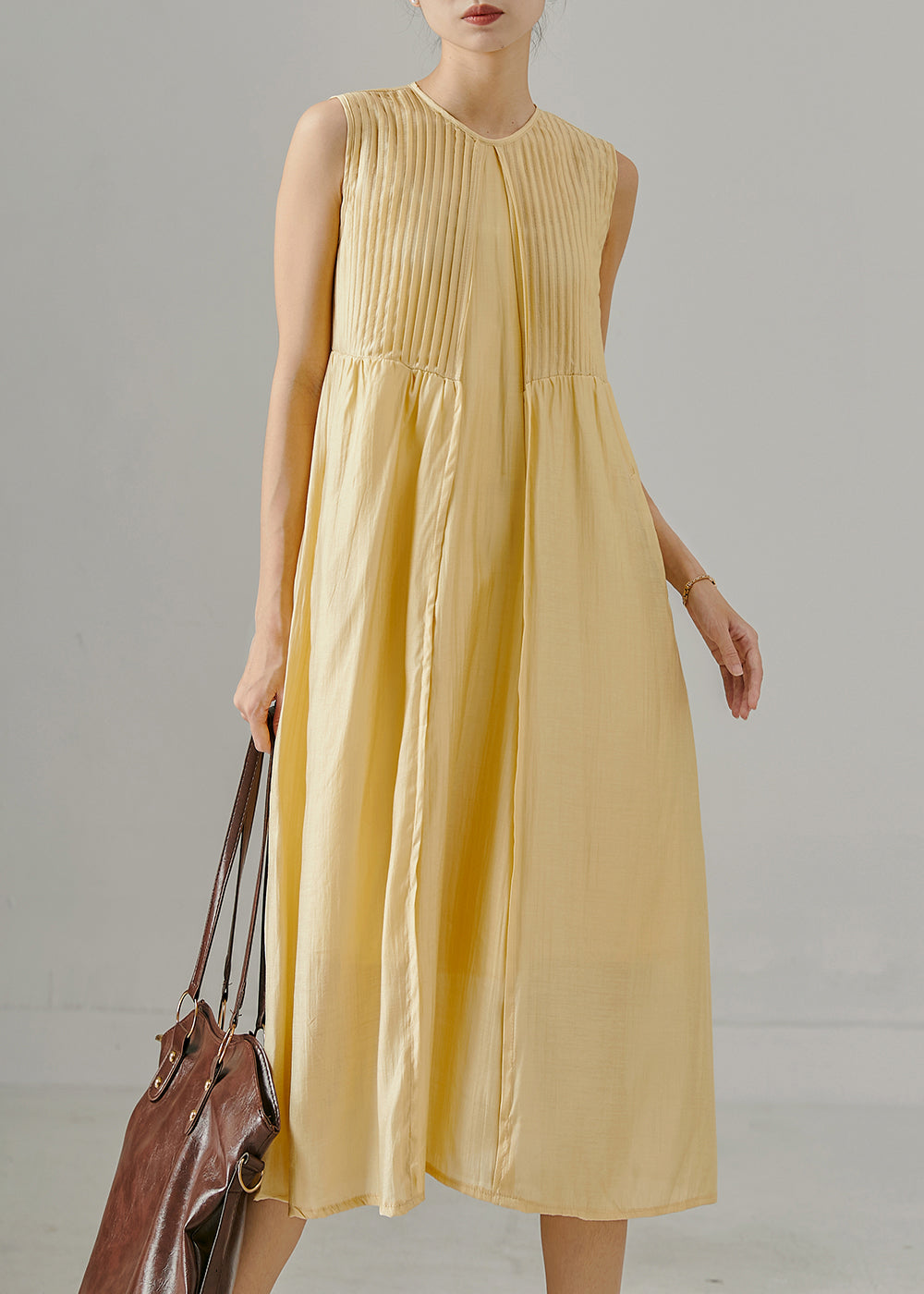 Yellow Wrinkled Backless Cotton Maxi Dresses Sleeveless