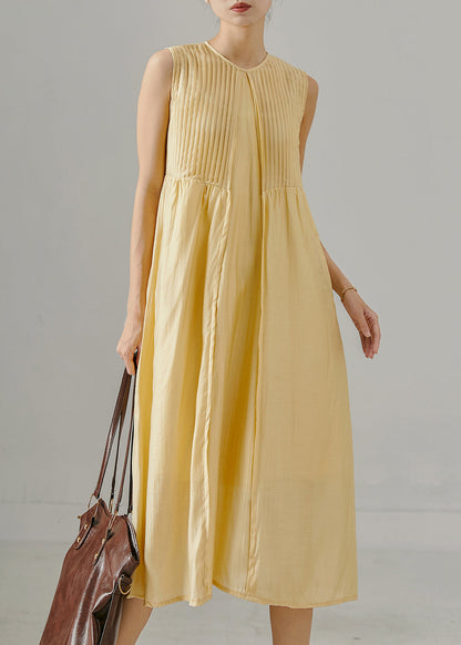 Yellow Wrinkled Backless Cotton Maxi Dresses Sleeveless