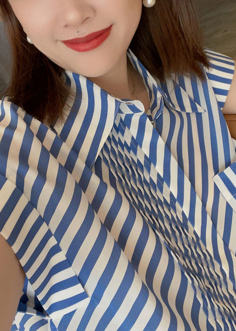 Blue Peter Pan Collar Striped Button Low High Design Silk Shirts Summer