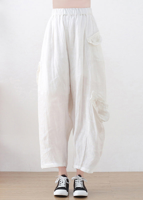 Red Elastic Waist Pockets Linen Harem Pants Summer