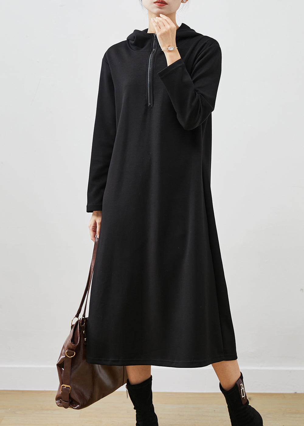 Black Hooded Zippered Cotton Sweatshirts Dress Spring