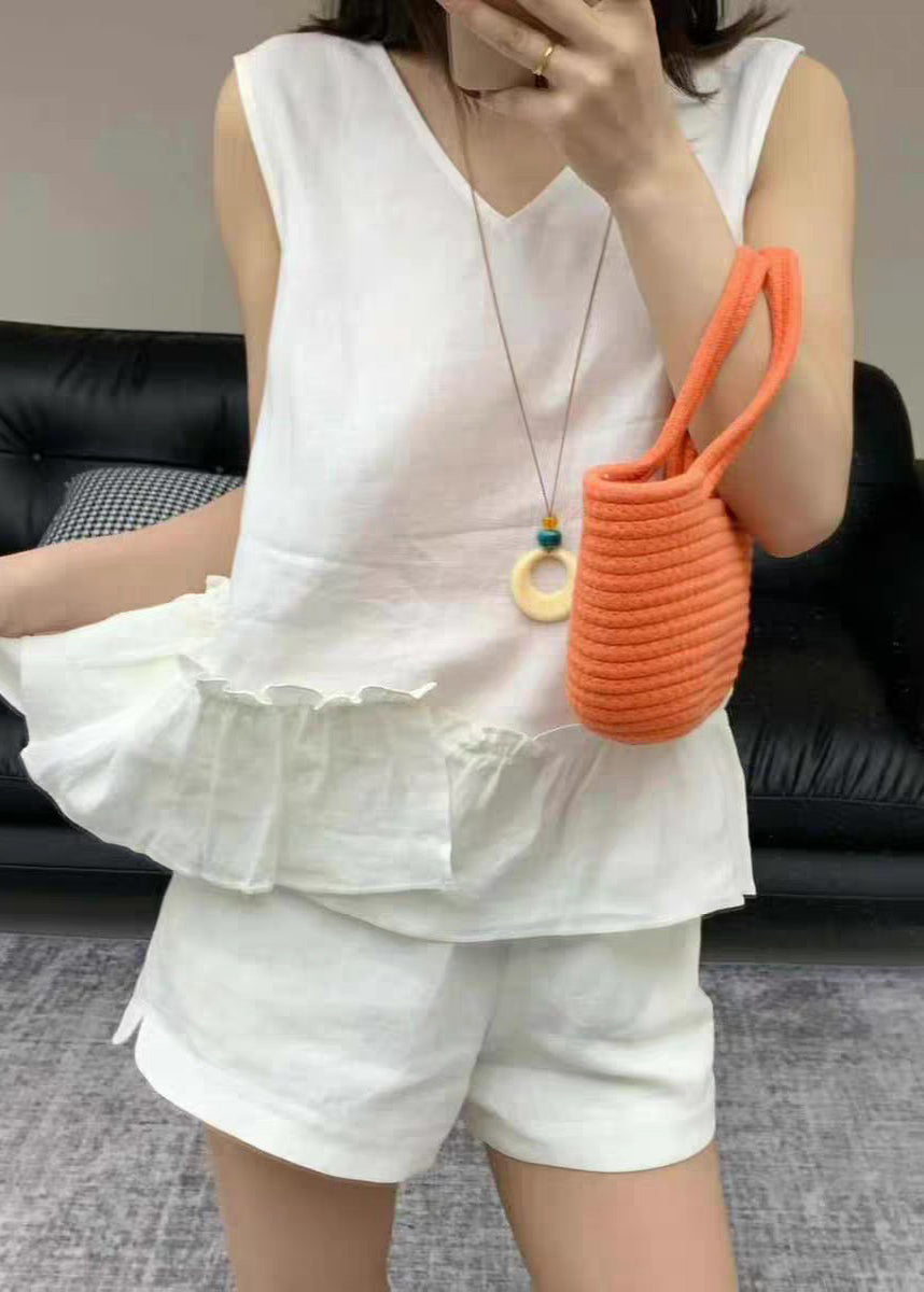 New White Ruffled Pockets Linen Two Pieces Set Summer
