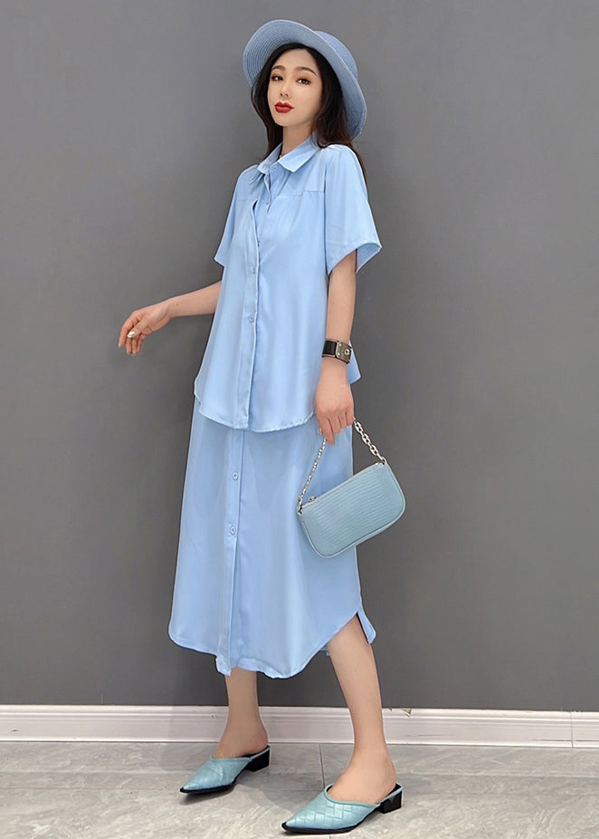 Stylish Blue Peter Pan Collar Patchwork Chiffon Fake Two Piece Shirt Dresses Short Sleeve