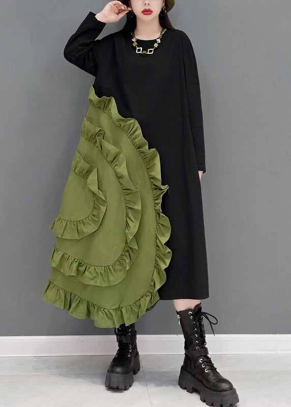 Green O-neck Ruffles Patchwork Long Dresses Long Sleeve