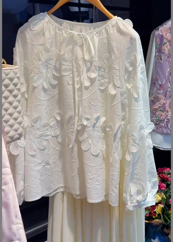 French White O-neck Tie Lace Top Lantern Sleeve
