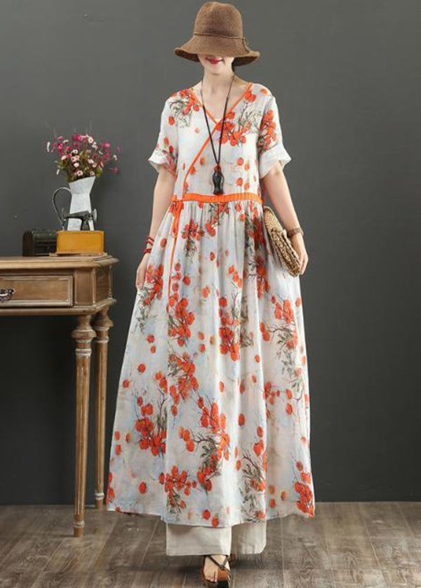 Orange Print Tie Waist Exra Large Hem Cotton Dresses Summer