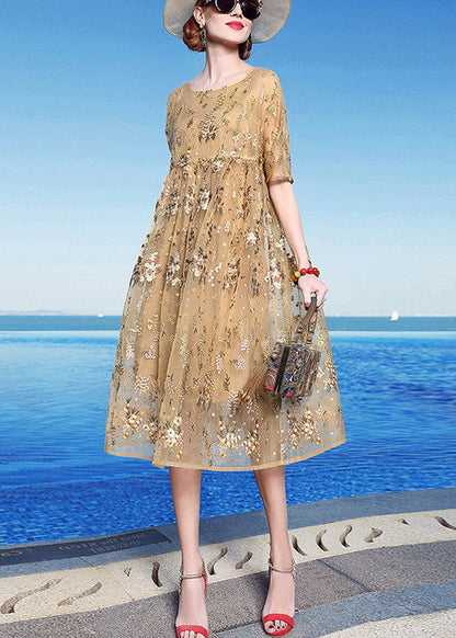 Unique Yellow Embroidered Patchwork Tulle Maxi Dress Summer