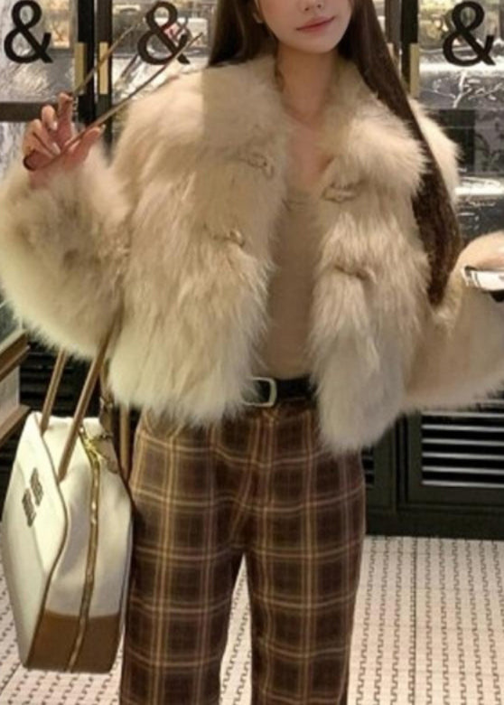 French Apricot Peter Pan Collar Button Leather and Fur Coat Spring
