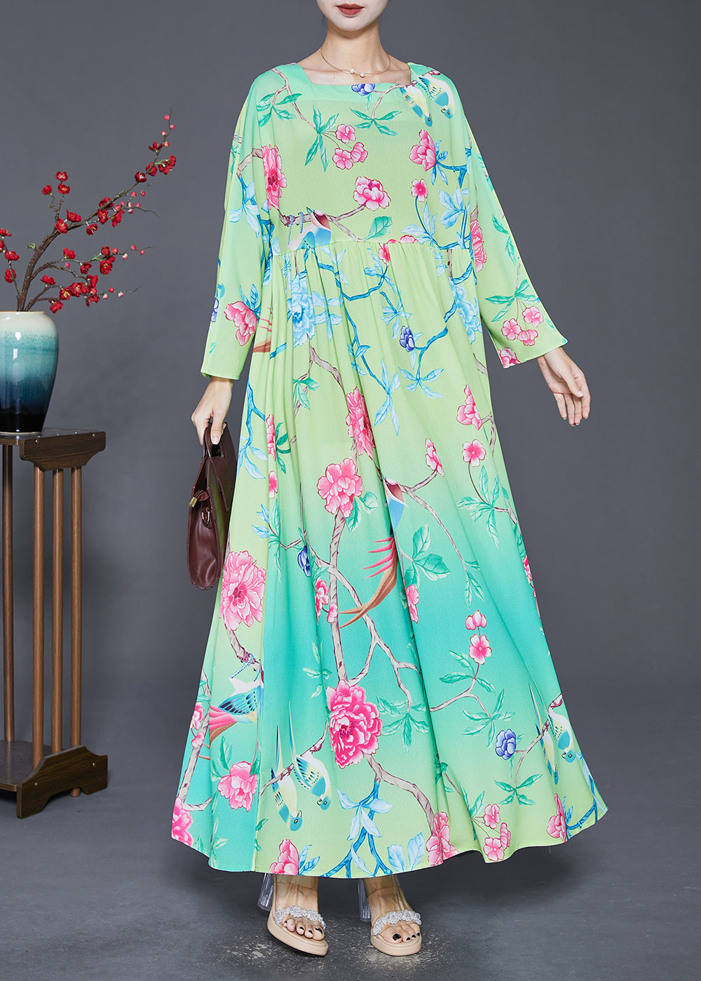 Green Square Collar Print Silk Holiday Dresses Fall