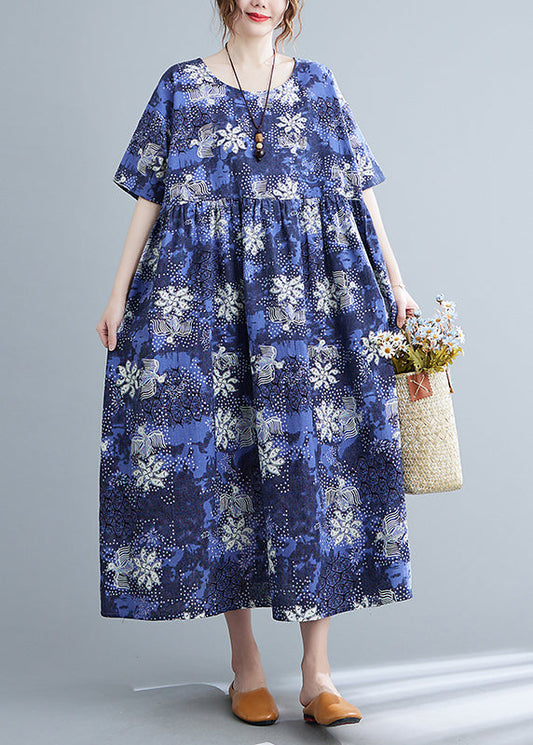Italian Blue O-neck Cinched Print Maxi Dresses Short Sleeve