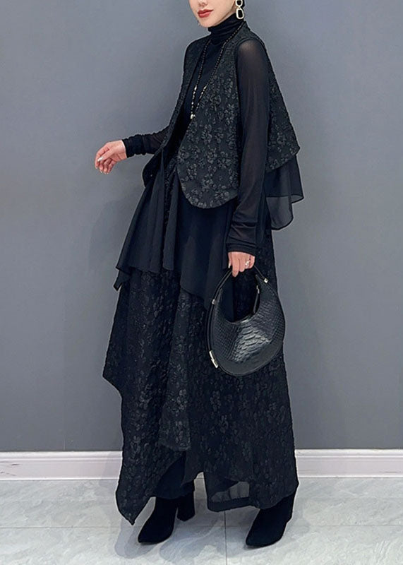 Art Black V Neck Print Waistcoat and Wide Leg Pants Two Pieces Set Fall