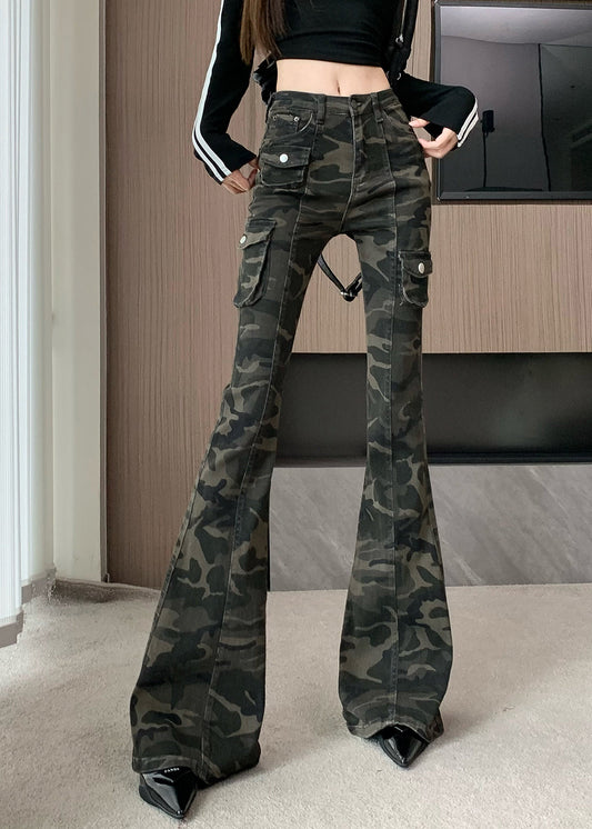 Camouflage Green Silm Fit Denim Flared Trousers Fall