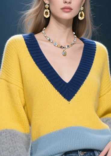 Yellow V Neck Patchwork Knit Pullover Winter