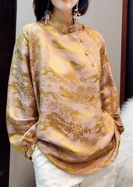 Yellow Mandarin Collar Button Jacquard Silk Top Lantern Sleeve