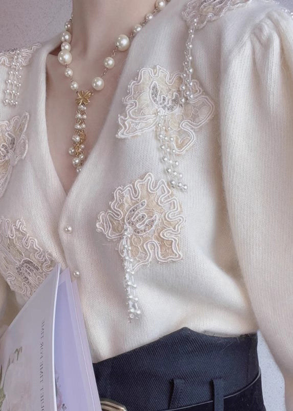 Beige Button Nail Bead Patchwork Wool Top Fall