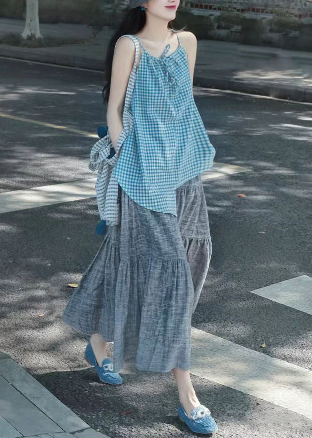 French Plaid Asymmetrical Tops and Grey Skirts Cotton Two Pieces Set Sleeveless