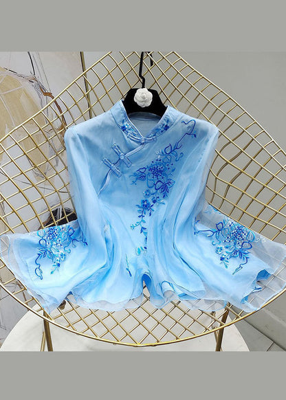 Chinese Style Blue Stand Collar Button Tops Flare Sleeve